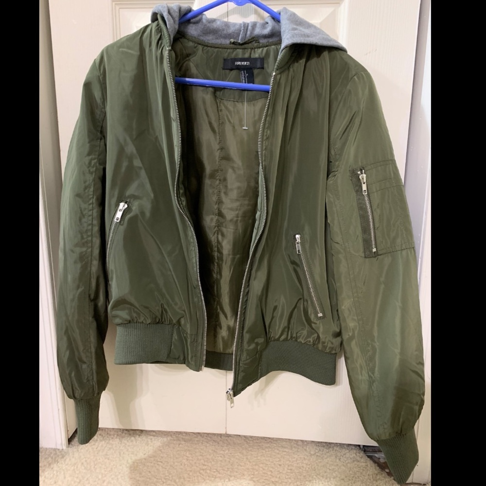 Army green bomber jacket with hood